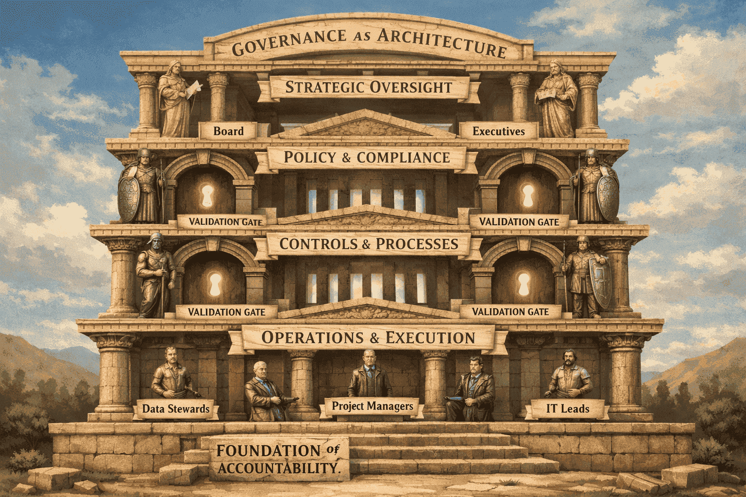 Illustration of master data governance strategies using layered control structures.