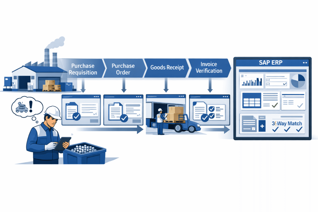 A flowchart illustrating the lifecycle of material management in SAP, including the stages from Purchase Requisition, Purchase Order, Goods Receipt, to Invoice Verification.