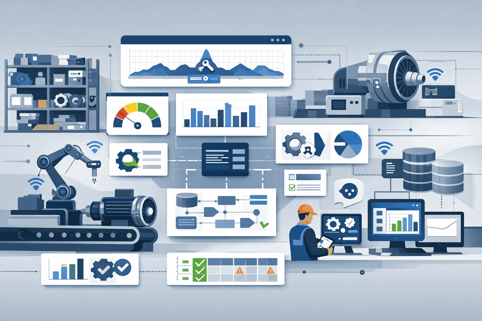 Illustration of data-driven MRO insights showing predictive maintenance dashboards, spare parts inventory, IoT sensors, and analytics for operational efficiency.
