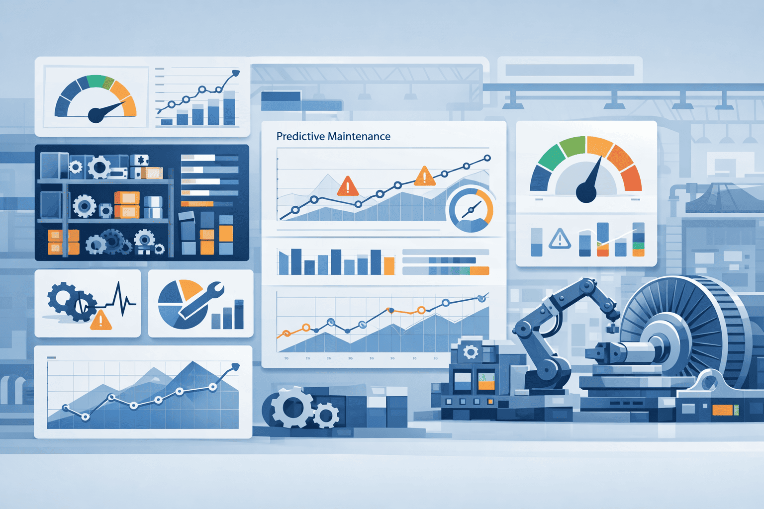 Analytics visualization of maintenance KPIs, trend graphs, and predictive maintenance data for industrial equipment