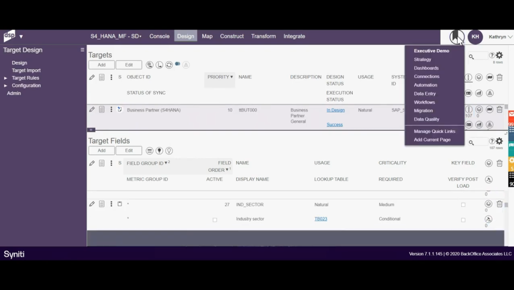 This illustration is showcasing the "Target Design" module for SAP S/4HANA integration.