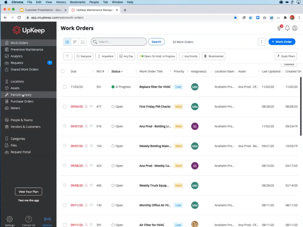 Image shows UpKeep's web and mobile interfaces showing active work orders, including titles, priorities, statuses, assignees, and due dates in a maintenance dashboard.