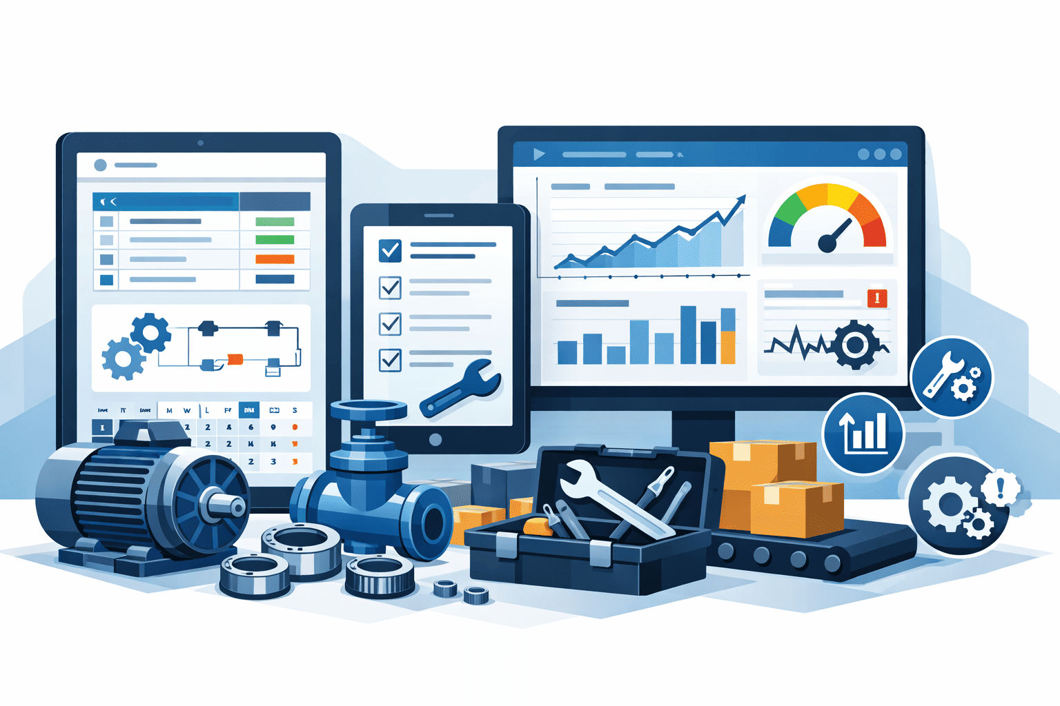 Illustration highlighting maintenance scheduling, work order tracking, and workflow optimization for industrial operations.